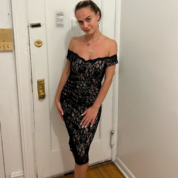 Xscape Dresses & Skirts - XSCAPE- Black and Beige, Off the Shoulder Lace Cocktail Dress